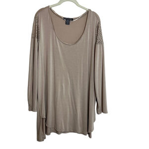 Kate & Mallory Womens Tunic Size 2X Beige High Low Lace Shoulders Long Sleeve